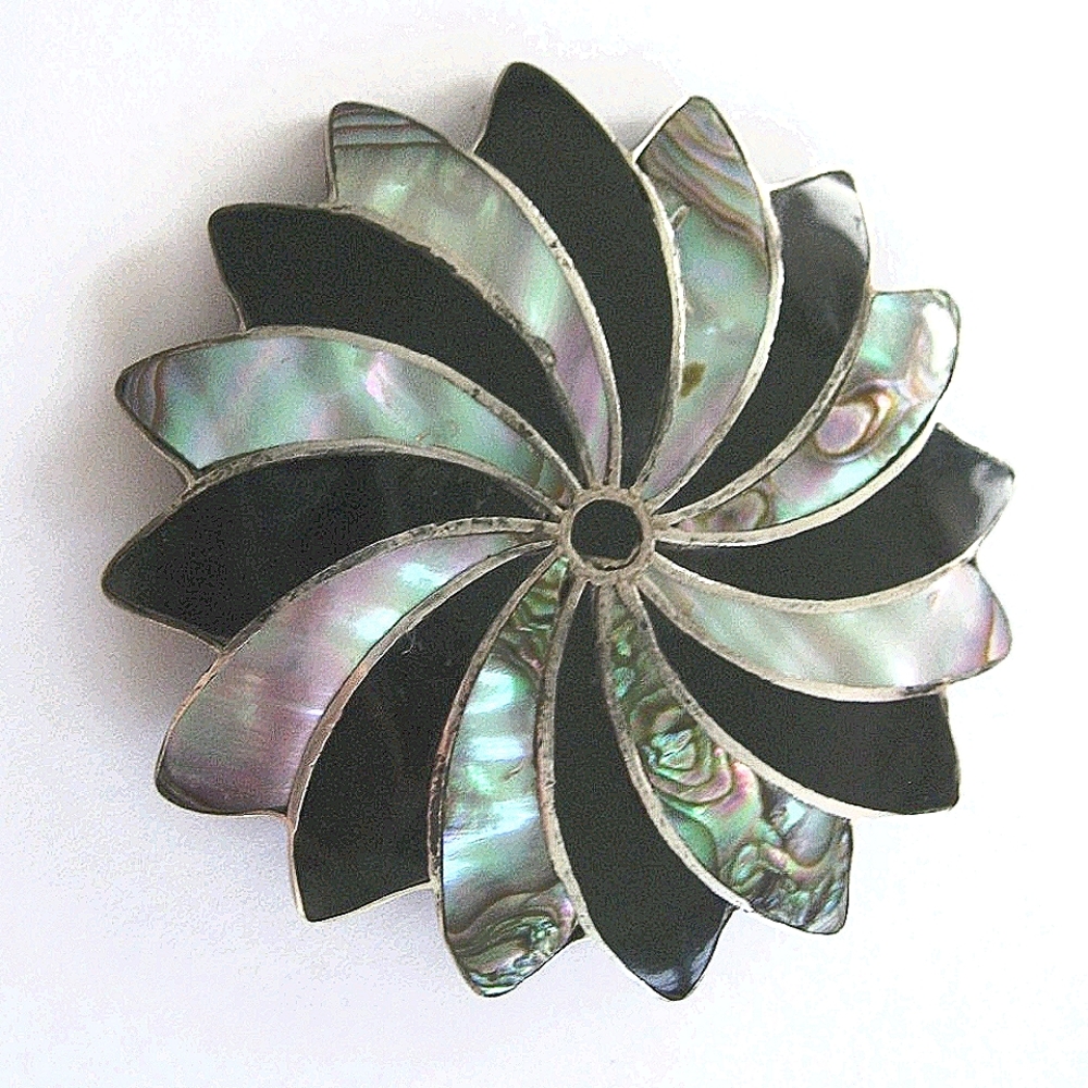 Sterling Silver Flower Onyx MOP Pendant Brooch